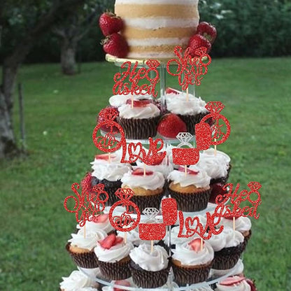 30 PCS He Asked She Said Yes Cupcake Toppers Diamond Ring Cupcake Picks Love I Do Bridal Shower Cupcake Decorations for Wedding Enaggement Theme Party Cake Decorations Supplies Red