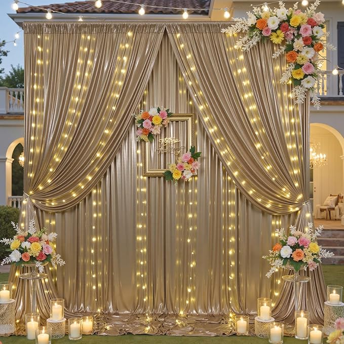 10x10 ft Champagne Sequin Backdrop Curtain with Lights for Parties, Wrinkle Free Glitter Photo Backdrop Drapes Shimmer Back Drop Cloth for Wedding Birthday Photography Background