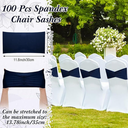Moukeren 100 Pcs Spandex Chair Sashes Bows Bands Slider Sashes for Chair Covers Elastic Bands Ties Ribbon Decorations for Wedding Party Events Ceremony Birthday Banquet(Navy Blue)