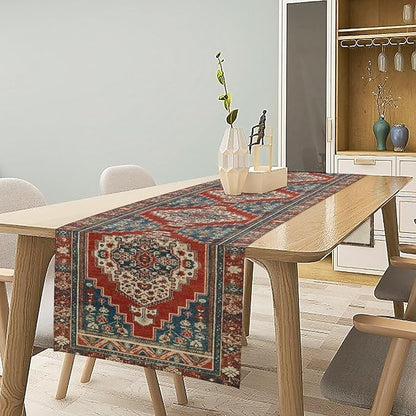 Boho Floral Vintage Table Runner, Red Blue Retro Flower Rustic Country Farmhouse Pattern for Home Kitchen Table Decor Dining Coffee Room Party Decor 13x60in