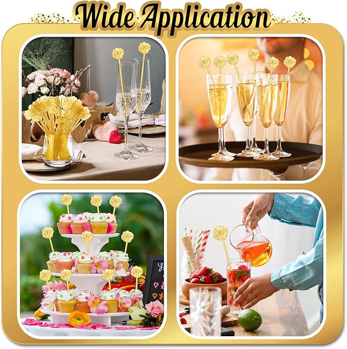 100 Pcs Gold Glitter Drink Stirrers Cocktails Plastic Swizzle Sticks 7.5 Inch Cupcake Pop Sticks Toppers Rose Top Wedding Drink Stirrers for Mixed Drinks Coffee Birthday Wedding Party
