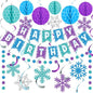 Funrous Snowflake Birthday Decorations Happy Birthday Banner Snowflake Hanging Swirls Honeycomb Balls Circle Dots Garland for Winter Princess Party Supplies
