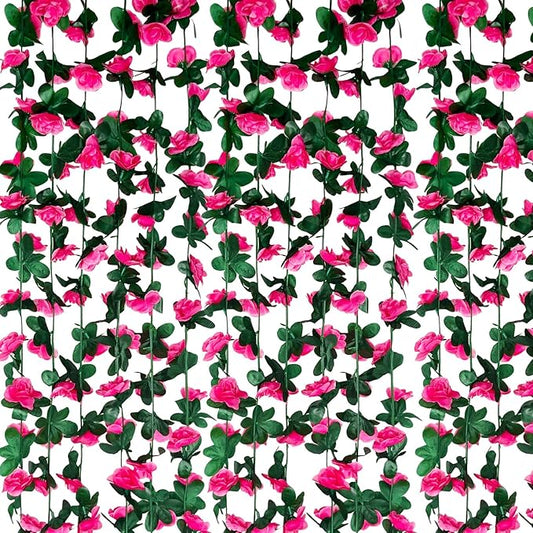 16Pcs 126Ft Fuchsia Rose Garland, Fake Rose Hanging Flowers, Artificial Flower Vine, Hanging Floral Vine Garland for Wedding, Birthday Party, Wall Arch, Halloween, Christmas Garden Backdrop Decor