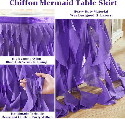 PARTISKY Mermaid Purple Tulle Curly Willow Table Skirt for Rectangle Table 9ft, Ruffle Tutu Table Cloth for Girls Boys Baby Shower,Mermaid Birthday Party