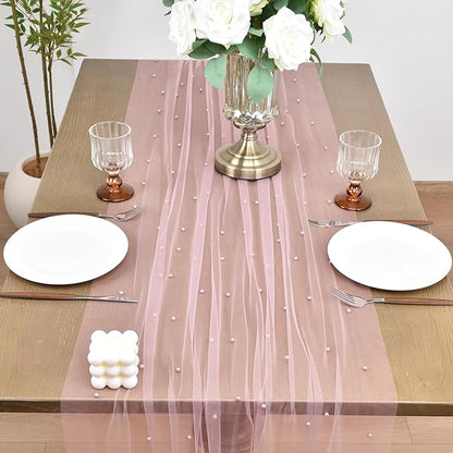 Joanlody Fall Pearl Table Runner 10ft Rustic Boho Tulle Table Runner with Pearls for Baby Shower Wedding Party Veil Dessert Thanksgiving Table Decor Dusty Rose