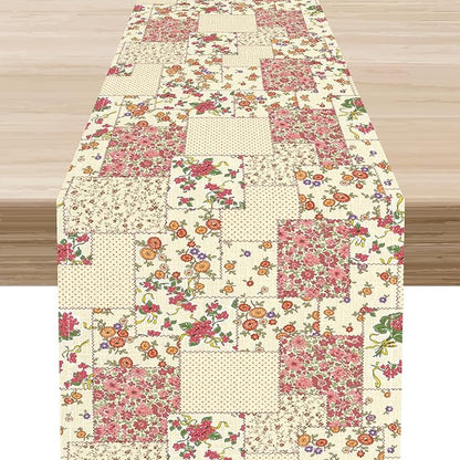 Patchwork Table Runner, Boho Vintage Pink Wildflowers Bohemian Paisley Flower Farmhouse Table Center Decor for Home Kitchen Dining Patio Holiday Party Indoor Outdoor Table Decorations, 13"x36" Inch