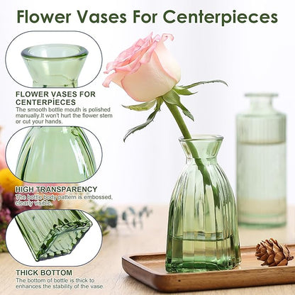 Vintage Small Glass Vases Set of 10,Mini Bud Vases for Flowers,Amber Glass Vases for Centerpieces,Wedding Decorations,Home Table Flower Decor (Hunt Green)