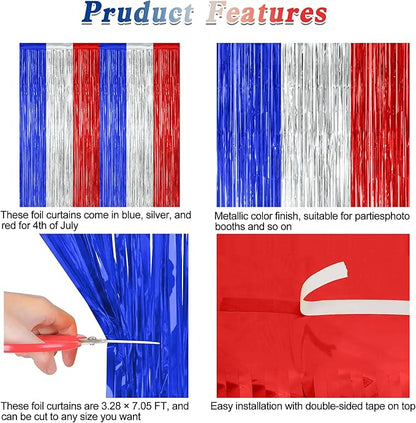 4 Pack 4th of July Decorations, 3.28 FT x 7.05 FT Independence Photo Backdrop, Metallic Blue Silver Red Backdrop Curtains Fringe Curtains Party Streamer, Patriotic Decor Fourth of July Party Supplies