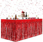 2 Pack Red Table Skirts, 29x108" Metallic Foil Tinsel Fringe Table Skirts for Rectangle Tables Streamer Curtains Backdrop, Party Decorations for Birthdays Weddings Holidays