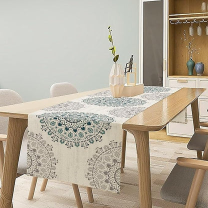 Boho Flower Table Runner, Bohemian Turquoise Mandala White Teal Floral Kitchen Dining Table Runners for Indoor Outdoor Home Party Holiday Decor, 13x70inch