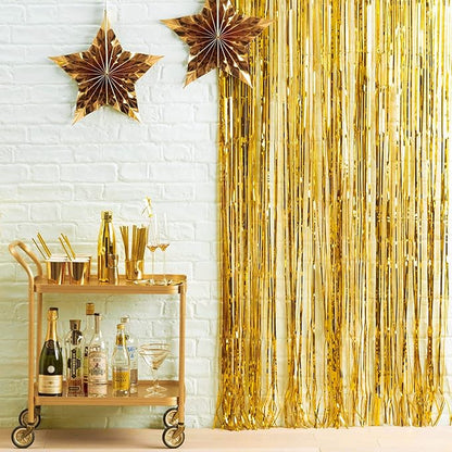 PartyWoo XtraLarge Foil Curtain Gold, 2 pcs 3.3x6.6 ft Tinsel Curtains for Birthday Wedding Party Photo Backdrop