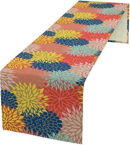 Dahlia Flowers Table Runner Colorful Floral Teal Grey Pink Yellow Blue Abstract Table Runner Kitchen Dining Party Decor Living Room, 13x120 Inch