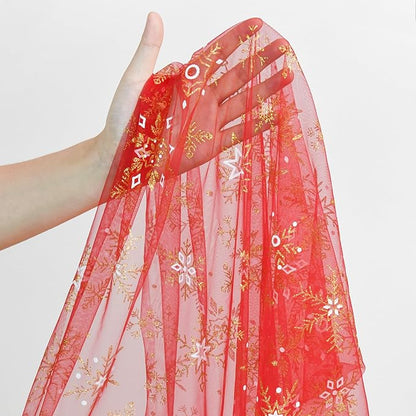 Artoid Mode Red Gold Snowflakes Christmas Gauze Table Runner 120 Inch 10FT, Winter Seasonal Sheer Dining Holiday Wedding Table Decor for Home Party