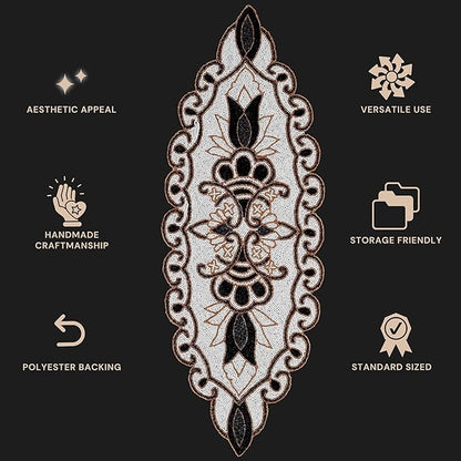 36" Decorative Beaded Table Runner - Handcrafted Floral Design with Durable Polyester Backing for Dining, Coffee Table & Special Occasions (Black White Brown) - CLEENTABLE
