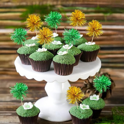 Ephlyn 30Pcs Foil Firework Cupcake Toppers Sparkle Tinsel Cupcake Picks Birthday Cake Decorations Drink Stirrers Cocktail Food Fruit Toothpicks for Baby Shower Graduation Party Supplies Green Gold