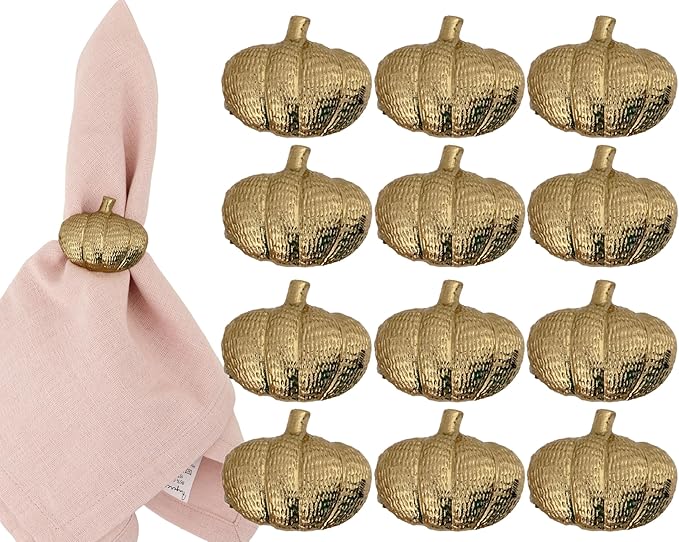 Set of 12 Pumpkin Napkin Rings | Premium Metal Fall Harvest Table Decor | Thanksgiving Dinnerware Holders, Autumn & Halloween Table Setting Accessories (Gold) - ALPHA Living HOME