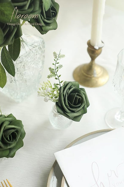 Floroom Artificial Flowers 25pcs Real Looking Emerald Green Foam Fake Roses with Stems for DIY Wedding Bouquets Bridal Shower Centerpieces Floral Arrangements Party Tables Home Decorations