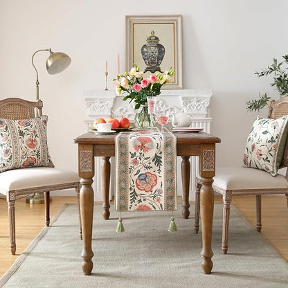 ISAENNE Designer Vintage Linen Extra Long Table Runner 118 Inches,Elegant Floral Pattern Wrinkle Resistant Table Runners for Dining Tables,Thanksgiving,Kitchen Tables,Christmas,12"*118"-Daffy B