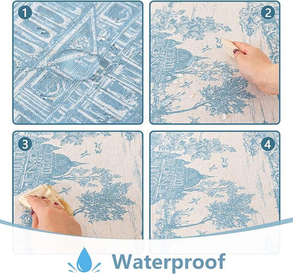 MYSKY HOME Linen Vintage Rectangle Tablecloth 60x84 Inches, Blue Castle Print Table Cloth for Dining Table I Tabletop I Parties/Outdoor I Spring/Summer Waterproof Fabric Farmhouse Tablecloth