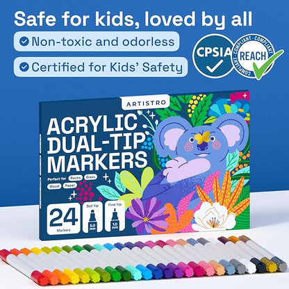 ARTISTRO Acrylic Paint Markers for Rock, Fabric, Wood, Glass, Craft - 24 Quick Dry Dual-Tip Paint Pens for Halloween Decorations - Pumpkin Painting Kit, Drawing Markers, Art Supplies, Christmas Gift