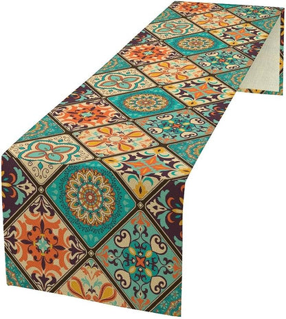 Bohemian Patchwork Table Runnerboho Colorful Tile Patchwork Indian Floral Print Table Runner for Home Kitchen Indoor Outdoor Party Wedding Decor, 13x108inch