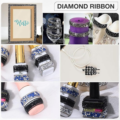 Black Rhinestone Ribbon 3 Yards Self Adhesive Rhinestone Strips Diamond Ribbon Sticker Crystal Roll Glitter Bling Rhinestones Tape for Crafting DIY Art Decoration (0.4 Inch)