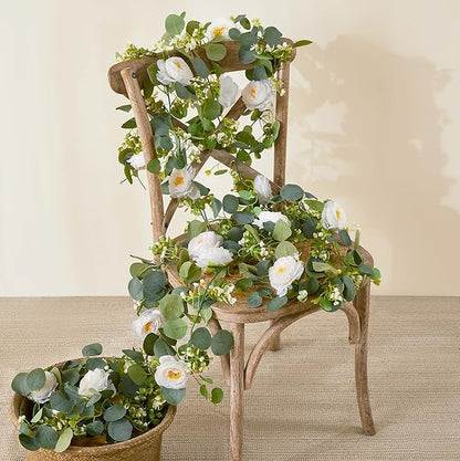 4 Pack Artificial Eucalyptus Flower Garland with White Roses, Fake Flowers Greenery Garland Flower Vines for Wedding Party Centerpiece Mantle Table Runner Spring Summer Home Decor (4PCS, White)