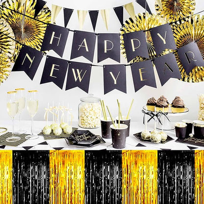 3 Pack 29 x108 Inch Black and Gold Foil Fringe Table Skirts Metallic Banner for Tinsel Streamer Garland Backdrop for Parade Floats Mother's Day, Graduate, Birthday, Wedding Party Decoration