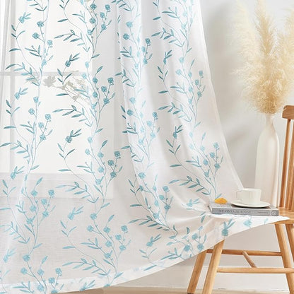 White Embroidery Sheer Curtains White-Blue 95 Inches, Floral Window Treatments Rod Pocket Drapes for Living room, Bedroom, Semi Voile Curtain Panels for Yard, Patio, Villa, Parlor, Set of 2, 52"x 95".