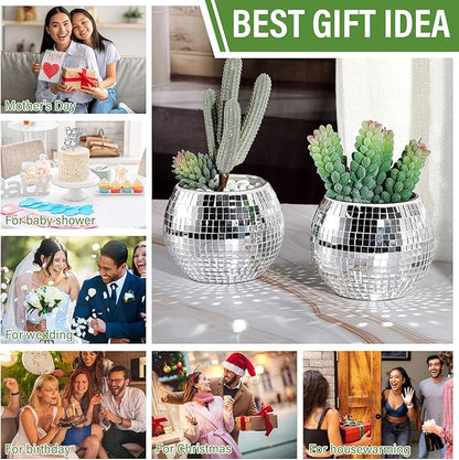 Jinei 24 Pcs Disco Vases Bulk Silver Mirror Disco Ball Flower Glass Ball Planter Candle Holder Glass Vase for Wedding Table Centerpieces Bedroom Office Birthday Decoration (3" X 4")