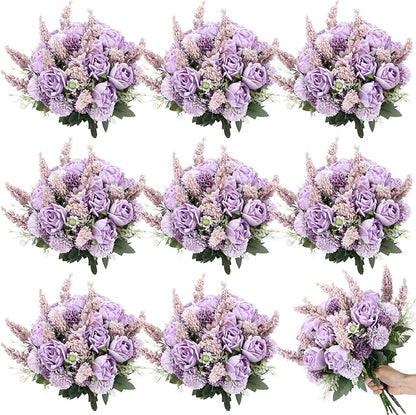 Zeyune 8 Pcs Wedding Silk Flowers Fake Silk Flowers Faux Bouquet Hydrangea Bouquets for Wedding Birthday Party Table Centerpieces Home Decoration (Purple,Rose)