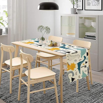 Cartoon Dinosaur Table Runner,Kids Boys Cute Various Dino Moutain Modern Abstract Print Tablecloth Burlap for Hotel Indoors Outdoor Dining Room Kitchen Holiday Party, 13x80in