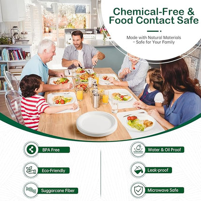 𝟗 𝐈𝐧𝐜𝐡, 𝟏𝟐𝟖-𝐏𝐚𝐜𝐤 Compostable Paper Plates, Heavy-Duty Biodegradable Disposable Dish Made from Bagasse, Perfeck for Snacks, Desserts, Party, Wedding and More (White)