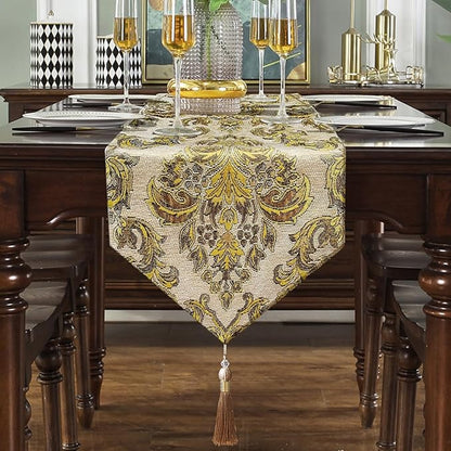 13x108 inch Exquisite Gold Floral Jacquard Table Runner Thick Beige Chenille with Elegant Tassels