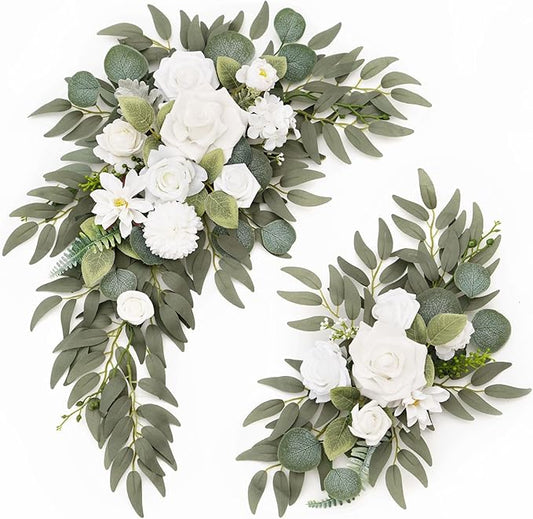 Wedding Sign Faux Flower Swag (Pack of 2) for Ceremony Party Reception Entrance Floral Decor Wall Easel Stand for Wedding Poster Welcome Sign (Natural White)