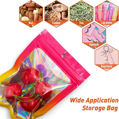 Funfery 100 Pack Gradient Holographic Bags,Mylar Resealable Bags with Zipper,Clear Window Packaging Pouchs,Smell Proof Bag for Food Storage,Sample Jewelry Bag(3.5x4.7In,Hot Pink Orange)