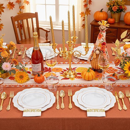 NOCCUR 175PCS Gold Plastic Plates with Disposable Silverware - White Gold Plastic Tableware Include 25 Dinner /25 Dessert Plates, 75 Cutlery, 25 Cups, 25 Napkins - Ideal for Fall Party&Thanksgiving