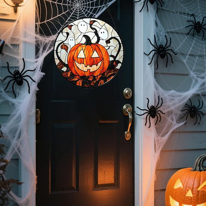 Stained Glass Window Hanging - Halloween Decorations Pumpkin Ghost Suncatcher for Doors Garden Indoor Spooky Funny Orange Sun Catchers Gothic Decor Horror Gifts for Women Men Friend 15 in