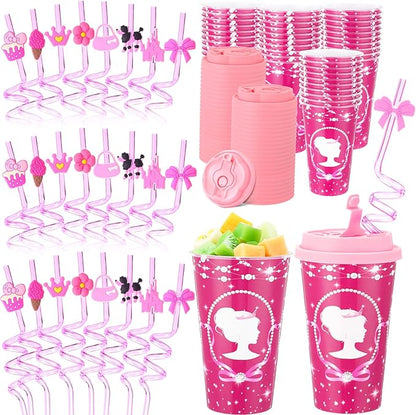 Yungyan 36 Sets Hot Pink Girl Party Favors Goodie Cups with Lids and Straws for Birthday Decorations Reusable 16oz Plastic Candy Cups Plastic Straws for Birthday Party (Pink Princess)