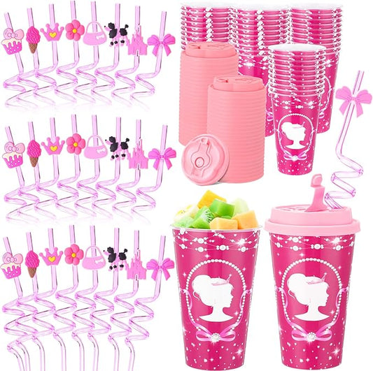 Yungyan 36 Sets Hot Pink Girl Party Favors Goodie Cups with Lids and Straws for Birthday Decorations Reusable 16oz Plastic Candy Cups Plastic Straws for Birthday Party (Pink Princess)