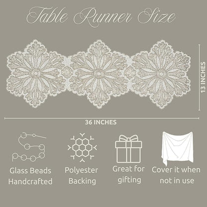 Beaded Table Runner - Elegant & Versatile Dining & Kitchen Linen for Home Decor, Weddings, Parties, Special Occasions, Modern Table Decoration & Luxury Festive Accessory (Ivory) - CLEENTABLE