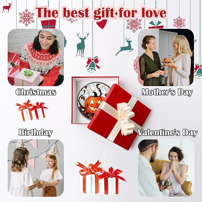 Stained Glass Window Hanging - Halloween Decorations Pumpkin Ghost Suncatcher for Doors Garden Indoor Spooky Funny Orange Sun Catchers Gothic Decor Horror Gifts for Women Men Friend 9.8 in