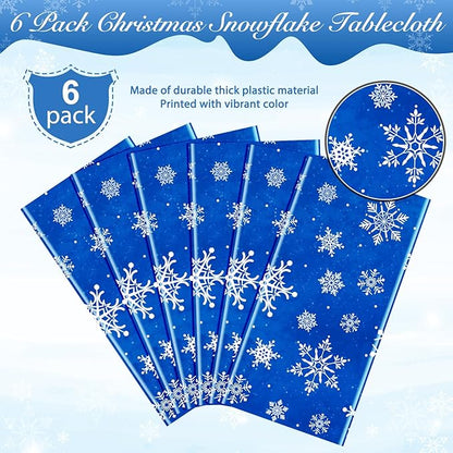 Jectivs 6 Pieces Christmas Snowflake Plastic Party Tablecloth Decorations,White Snowflake Blue Xmas Backdrop Sign Table Cover Banner for Winter Christmas Holiday Party Supplies,54x108 inch (Blue)