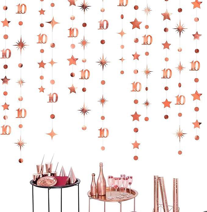 Rose Gold 10th Birthday Decorations Number 10 Circle Dot Twinkle Star Garland Metallic Hanging Streamer Bunting Banner Backdrop for Girls Boys Ten Year Old Birthday 10th Anniversary Party Supplies