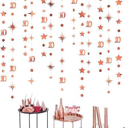 Rose Gold 10th Birthday Decorations Number 10 Circle Dot Twinkle Star Garland Metallic Hanging Streamer Bunting Banner Backdrop for Girls Boys Ten Year Old Birthday 10th Anniversary Party Supplies