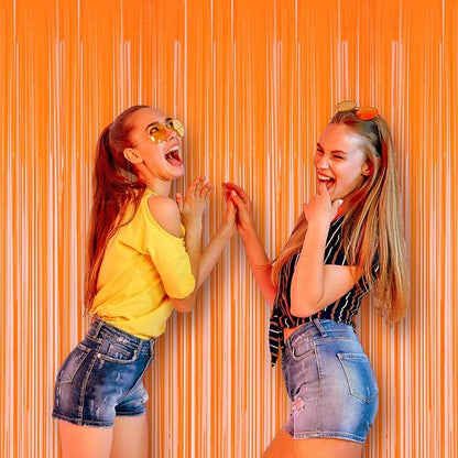 2 Pack Orange Foil Fringe Backdrop Curtains, Tinsel Streamers Birthday Party Decorations, Fringe Backdrop for Graduation, Baby Shower, Gender Reveal, Disco Party