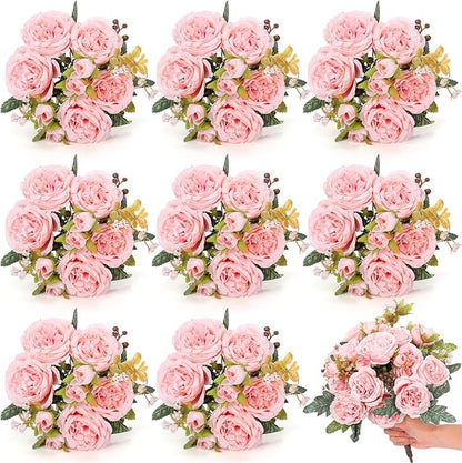 8 Bundles Artificial Peonies Flowers Boho Faux Flowers Arrangements Artificial Centerpiece Spring Bouquet Floral Wedding Decoration for Vase(Pink)