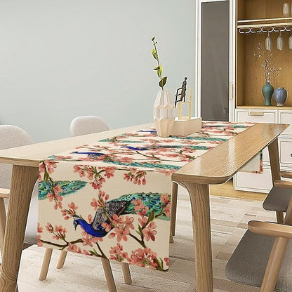 Peacock Table Runner,Spring Floral Peacock Birds Table Runner for Home Kitchen Dining Party Indoor Outdoor Decoration 13x108 Inch