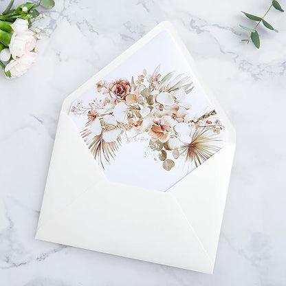PONATIA 50PCS A7 Euro Flap Ivory Envelope, 5.25 x 7.25'' Boho Flowers Liner Envelopes for Wedding Invitations, Photos, Postcards, Greeting Cards, Acrylic Mailing, 5 x 7 Envelopes