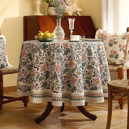 ISAENNE Designer Boho Floral Small Round Tablecloth,Linen Lotus Flower Pattern Colorful Table Cloth,Durable Decor Tablecloths for Dining Thanksgiving Kitchen Christmas,Diameter 55"-Hazel A